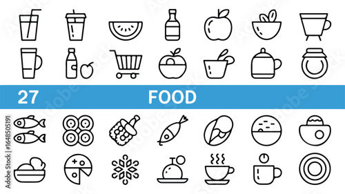 A set of 27  black line art food icons arranged in two rows against a white background.  