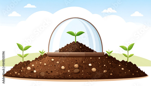 A young seedling protected under a glass dome, nestled in rich soil amongst other growing plants.