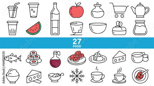 A set of 27  black line art food icons arranged in two rows against a white background.  