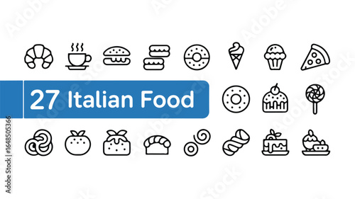 A set of 27  black line art italian food icons arranged in two rows against a white background.  