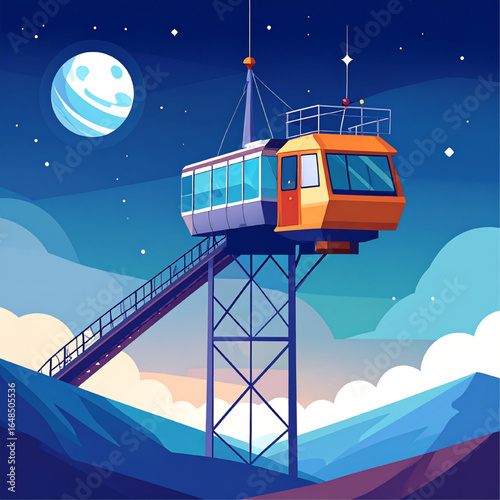 A futuristic observation tower with a cabin, set against a starry night sky with a planet.