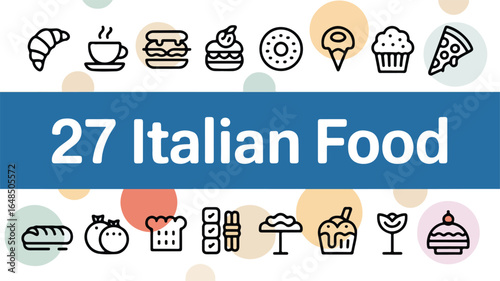 A set of 27  black line art italian food icons arranged in two rows against a white background.  