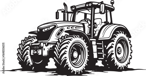 "A vintage black and white tractor vector silhouette showcasing a classic farm vehicle design
