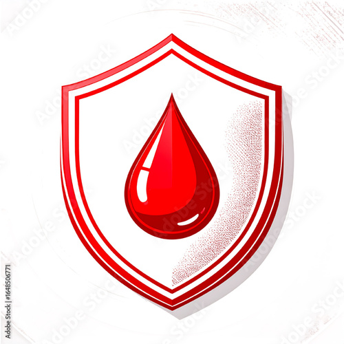 Red blood drop protected by a shield, symbolizing blood donation safety and security.