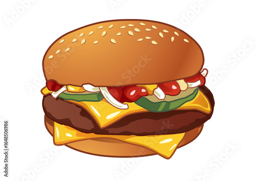 Juicy cheeseburger with lettuce, pickles, and ketchup layered in a soft sesame seed bun for a mouthwatering meal delight. Food concept