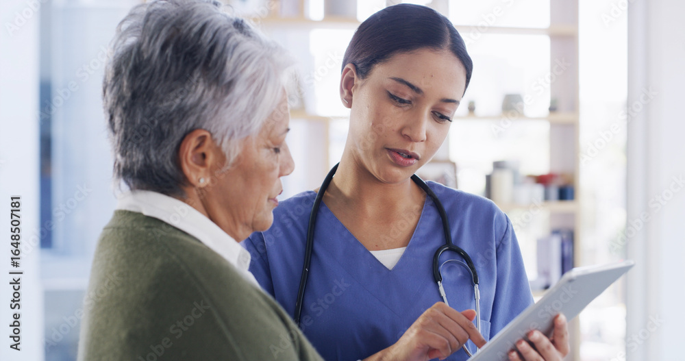 Fototapeta premium Tablet, nursing home and senior woman with healthcare report, results and wellness information. Retirement, elderly patient and talking to caregiver for medical update, diagnosis and homecare