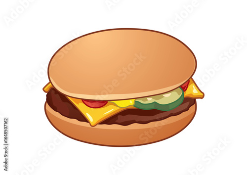 Simple cheeseburger with melted cheese, pickles, and ketchup nestled in a soft bun for a quick and satisfying meal option. Food concept