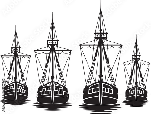 Four majestic sailing ships approach the shore