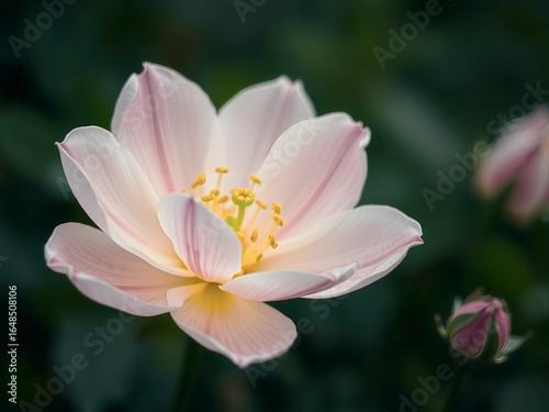Soft focus on a pink and white tulip with yellow stamens against a dark green background