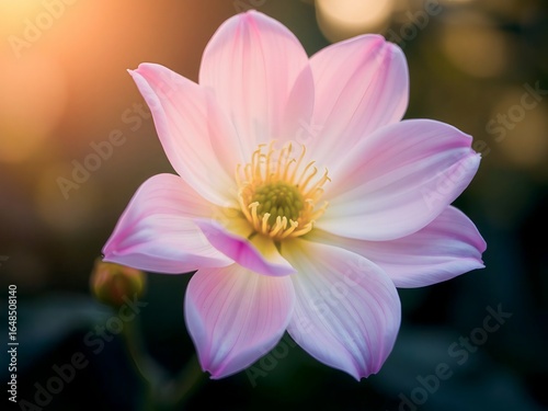 Soft focus close-up of a pink and white flower with yellow center in sunlight
