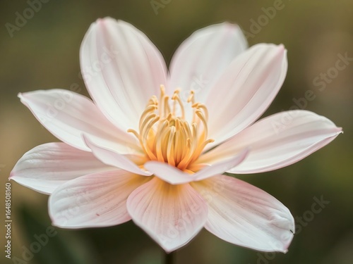 Close-up of a delicate pink and white flower with prominent yellow stamen