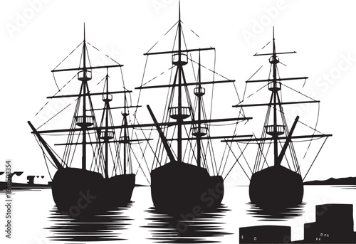 Vintage tall ships sail at sea in silhouette style