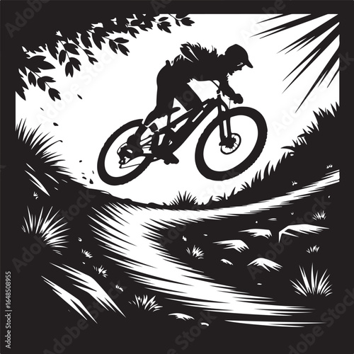 Dynamic cyclist jumps trail, capturing adventure and freedom