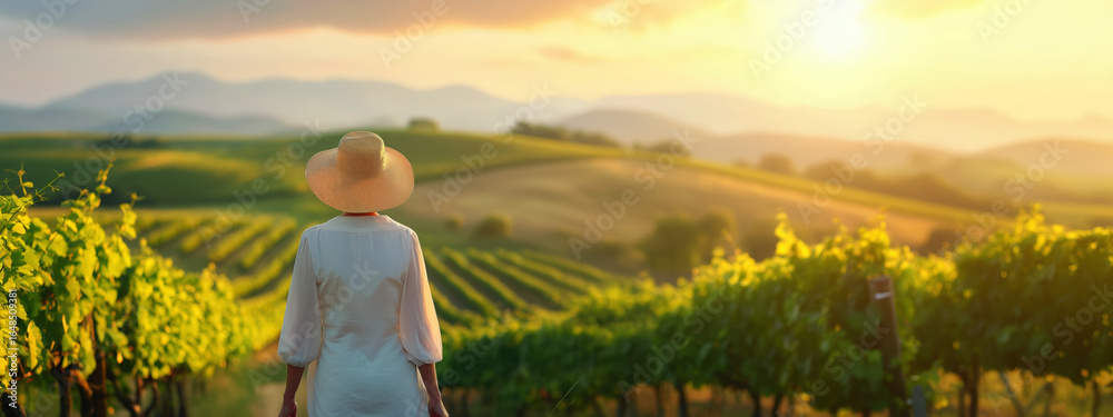 Fototapeta premium Elegant Women's Day Panoramic View of a Vineyard at Sunset With a Woman Walking and Enjoying a Glass of Wine