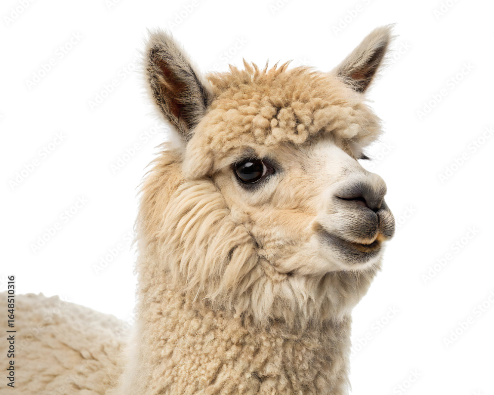 Obraz premium Close-up portrait of a fluffy alpaca head isolated on white background