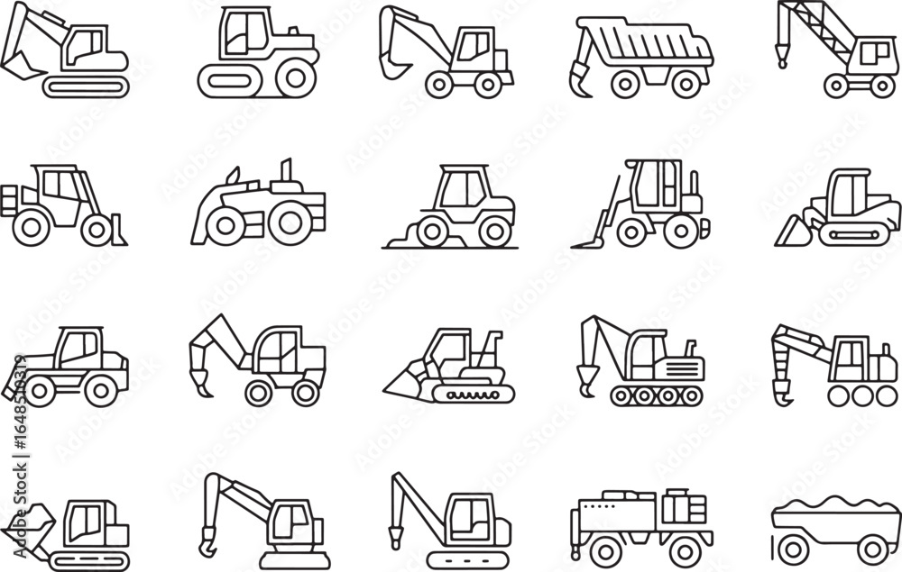 Fototapeta premium Twenty black line art construction vehicle icons on a white background excavator bulldozer
