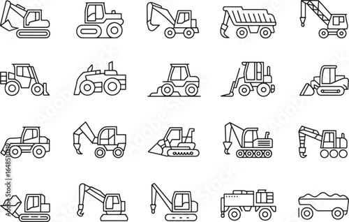 Twenty black line art construction vehicle icons on a white background excavator bulldozer