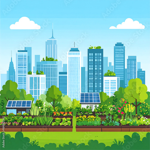 A vibrant illustration showcasing an urban garden with solar panels and skyscrapers in the background, promoting sustainability.