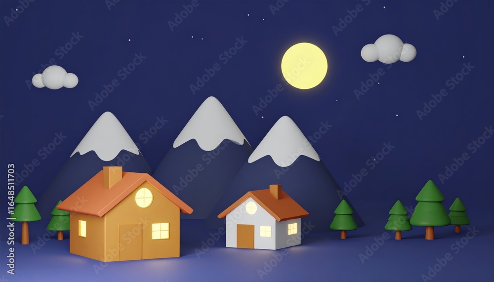 Naklejka premium A 3D cartoon Christmas village is nestled in a snowy winter landscape with twinkling lights and a full moon illuminating the night sky