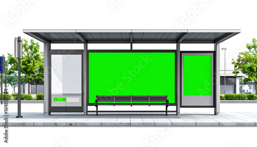 A bus stop with a bench and blank advertising spaces, including a large green screen, on a city sidewalk.