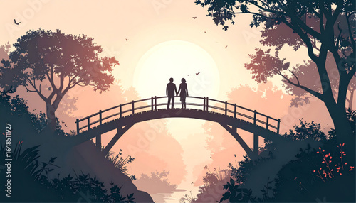 A romantic couple stands hand-in-hand on a serene bridge at sunset, surrounded by trees and a tranquil landscape.