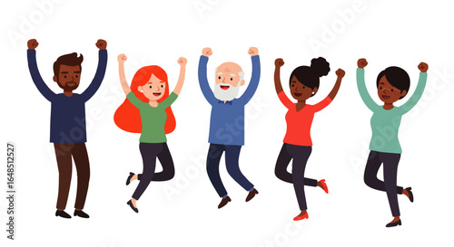 A diverse group of five joyful people, men and women of different ages and ethnicities, jumping and cheering with raised arms.
