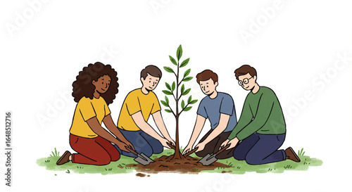A diverse group of four young people kneeling together to plant a small tree sapling.