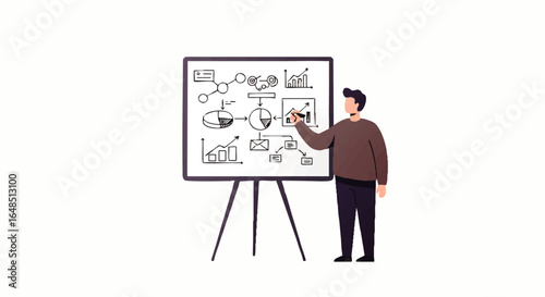 A male character in a brown sweater drawing a business strategy flowchart with charts and graphs on a whiteboard.