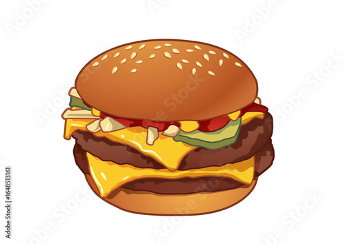 Juicy cheeseburger stacked with layers of toppings and sauces presenting an irresistible meal. Food concept