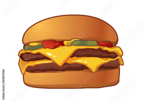 Classic cheeseburger featuring two beef patties layered with melted cheese and fresh toppings in a bun. Food concept