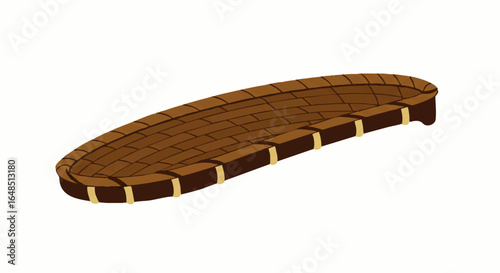 A long, shallow, oval-shaped woven basket with a brown brick pattern and light beige bands.