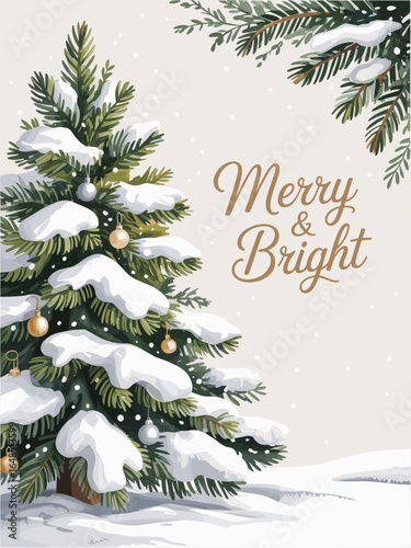 Watercolor-style Christmas card with snow-covered tree, gold and silver ornaments, gentle snowfall, and “MERRY & BRIGHT” script. Elegant, cozy, and perfect for holiday greetings