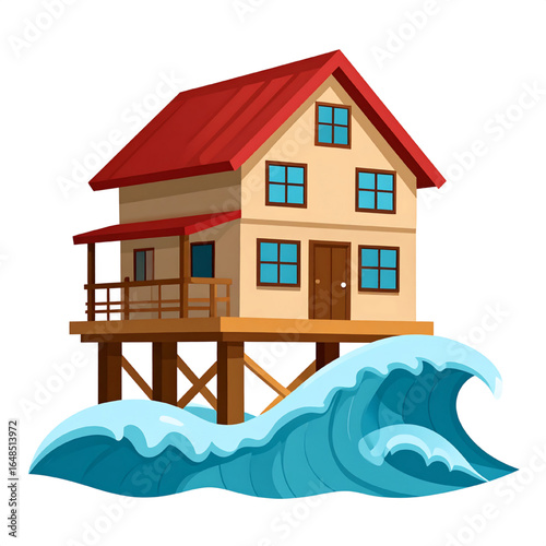 A house on stilts threatened by large ocean waves.