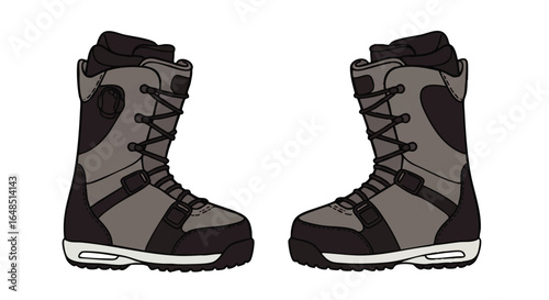 A pair of grey and black snowboard boots with laces and straps, illustrated in a bold cartoon style.