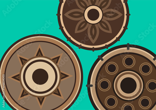 Abstract brown geometric circles with patterns, tambourines top view. Concept of decorative design element or traditional art for background.