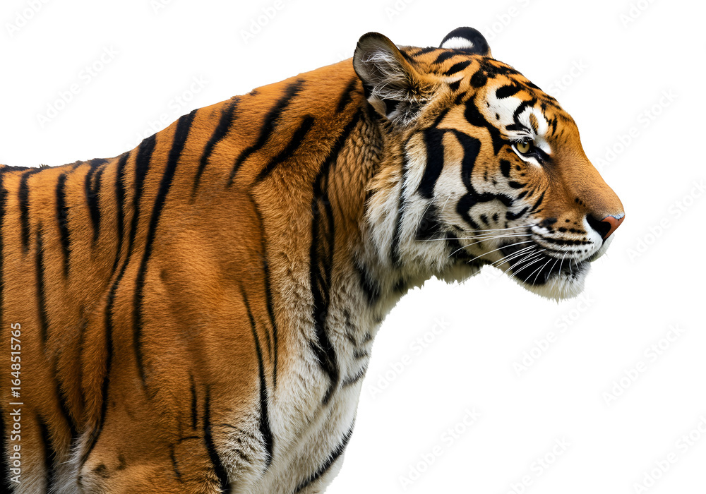 Fototapeta premium Close-up of a majestic tiger with vivid orange and black stripes against a black background