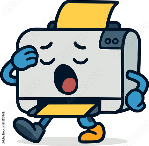 Cute cartoon printer character yawning with sleepy eyes, holding a sheet of yellow paper, technology vector illustration for office and printing themes.