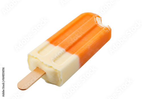 Close-up of a partially eaten orange and vanilla layered ice cream popsicle with a wooden stick on