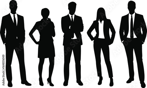 Business people silhouette vector illustration, professional men and women in formal attire, standing pose, team concept, corporate figure icons, black design