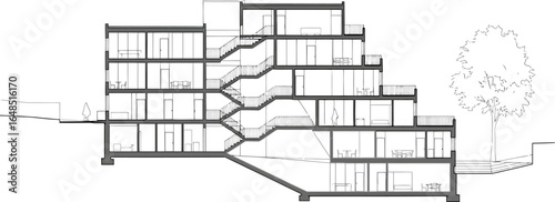 Detailed architectural section drawing of a multi story building showcasing interior spaces and structural elements