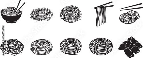 Collection of Black Silhouette Noodles and Chopsticks Icons ramen udon
