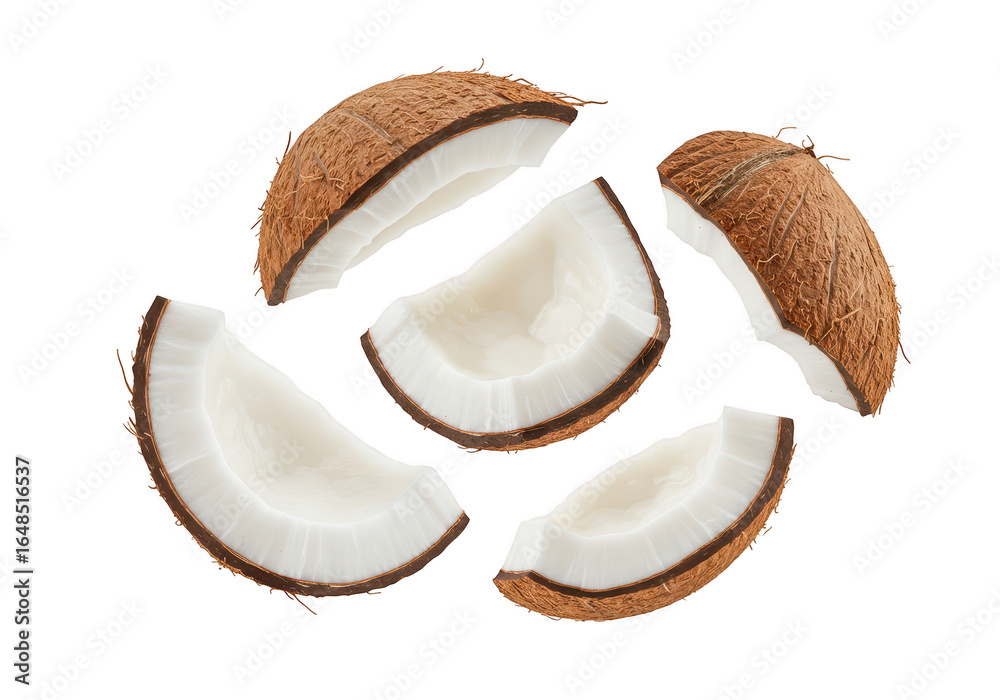 Fototapeta premium Fresh coconut pieces isolated on transparent background, showcasing the white flesh and brown fibrous husk, a healthy tropical fruit