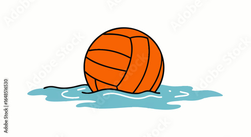 A vibrant orange water polo ball with bold black outlines, illustrated in a simple cartoon style, floating on calm blue water.