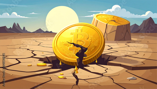 Bitcoin coins sinking into a cracked, dry desert landscape, symbolizing financial crisis or market crash.