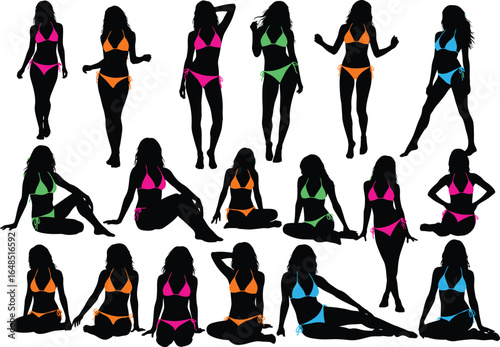 female silhouettes in stylish bikinis posing gracefully against a clean white background