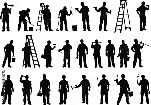 Collection of silhouette illustrations depicting various construction workers engaged in painting and renovation tasks