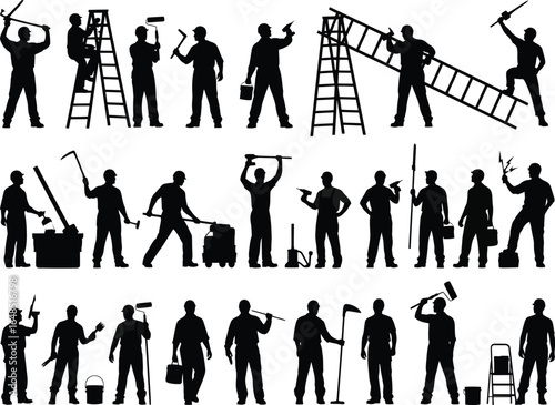 Silhouettes of construction workers and painters with tools and ladders engaged in various building and renovation tasks