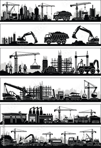 Diverse construction site silhouettes showcasing cranes excavators trucks and building frameworks under development