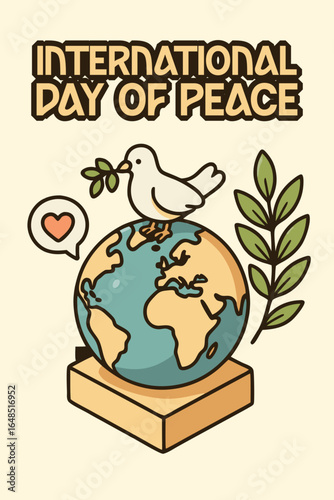 White dove with an olive branch perched on a globe, symbolizing peace and harmony on the International Day of Peace. The globe highlights a global connection and peaceful coexistence
