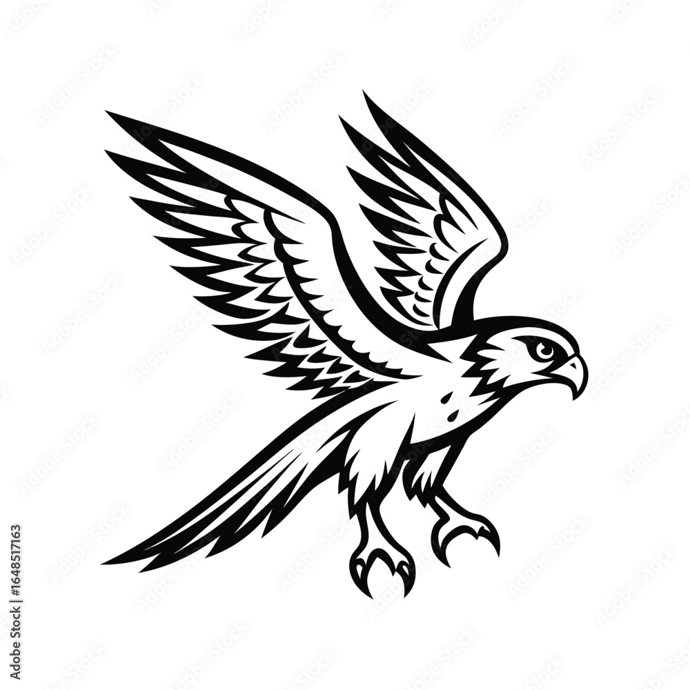 Fototapeta premium Elegant line art illustration of a powerful falcon captured in mid flight with its sharp talons extended forward